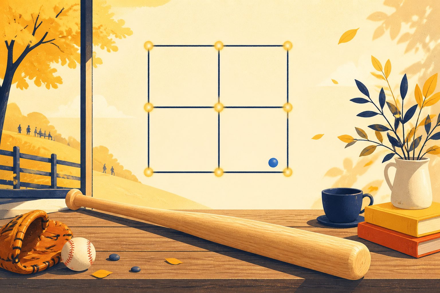 Vector editorial illustration of an abstract 3x3 strike zone glowing warmly on cream with baseball trajectories and a wooden bat.