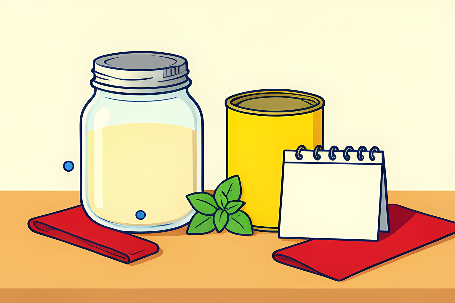 A warm still life of a plain sealed jar, an unmarked can, a small blank calendar card, and a sprig of basil on a sunny kitchen counter.
