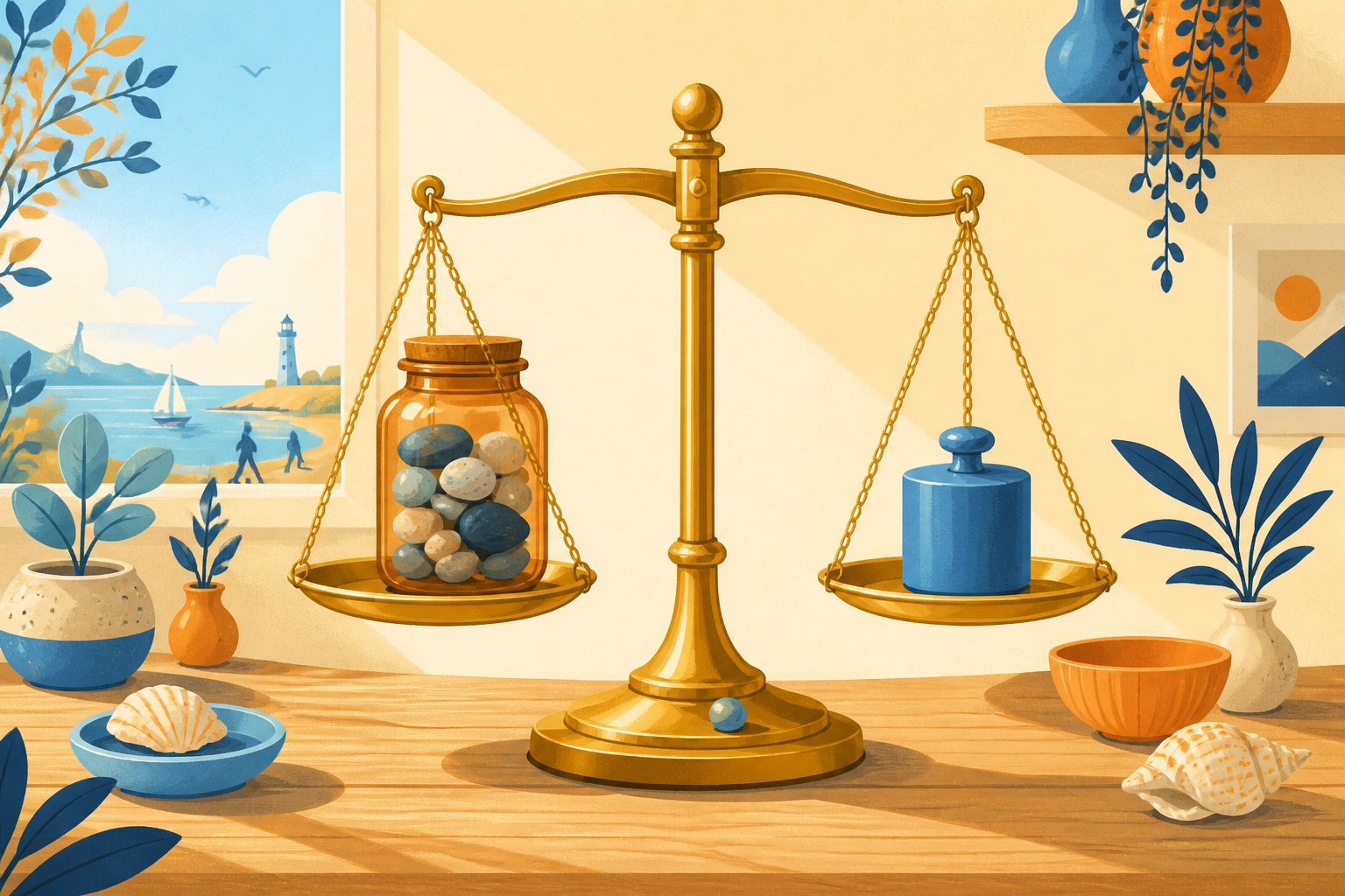 A brass balance scale in quiet equilibrium on a wooden table in warm morning sunlight