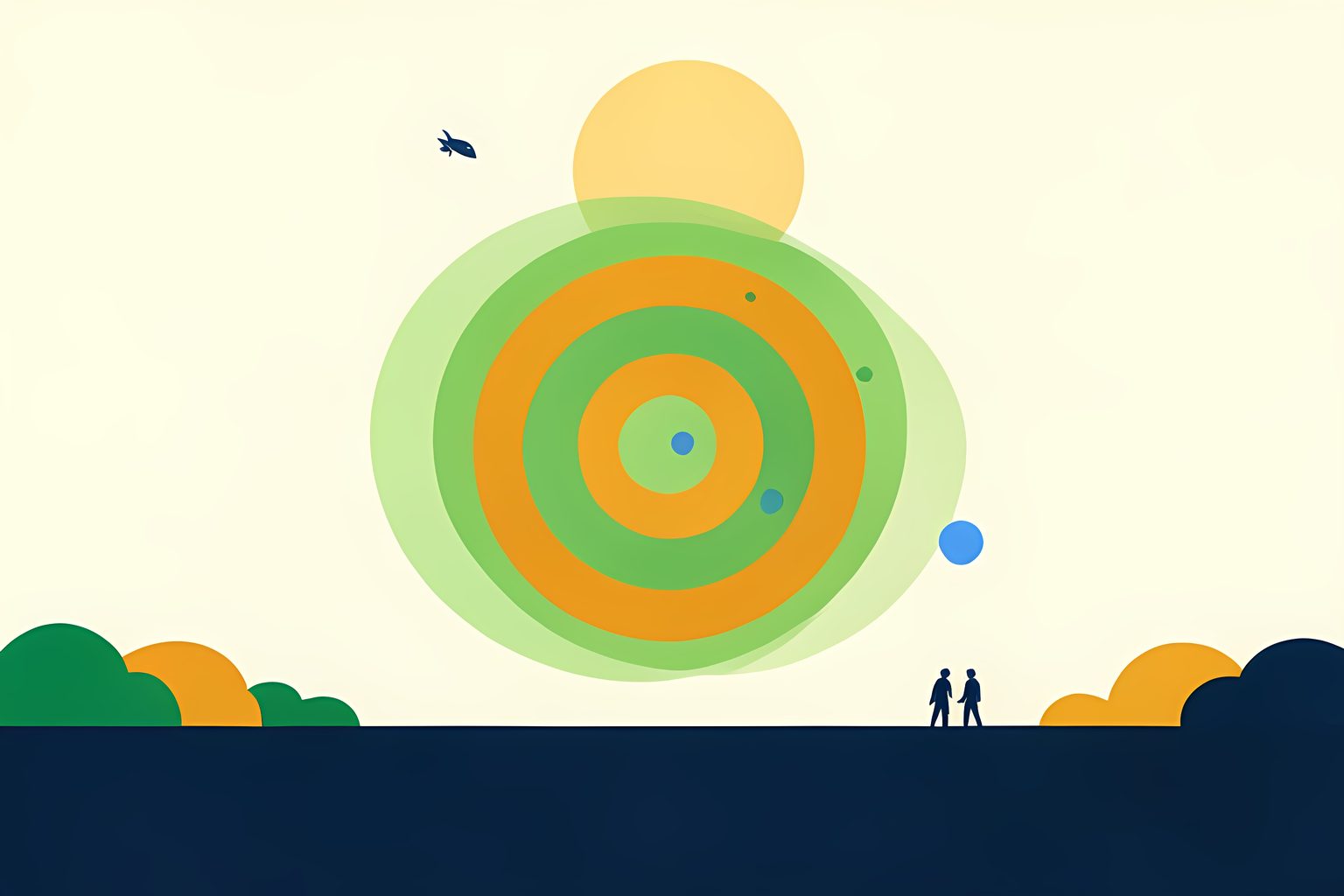 A bright stylized white-blue spiral of high-altitude vapor curling above a cream-colored horizon, with a tiny unmarked rocket far away and a subtle round blue dot.