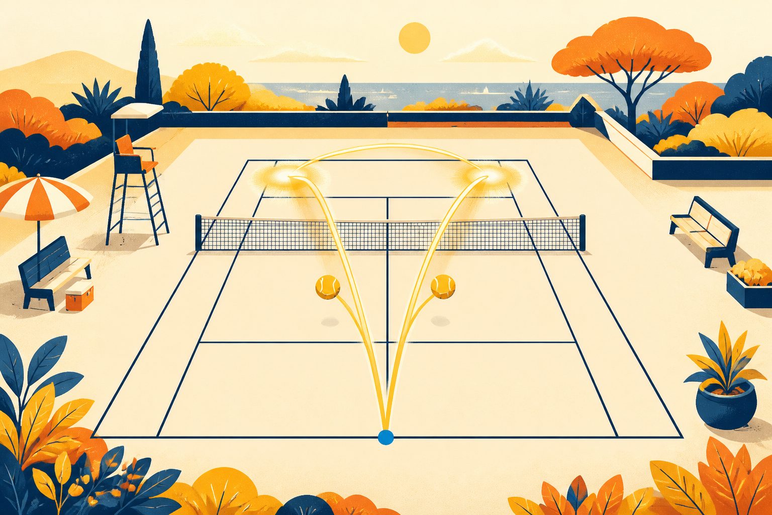 A clean geometric court diagram showing glowing curved shot vectors from baseline to wide corners