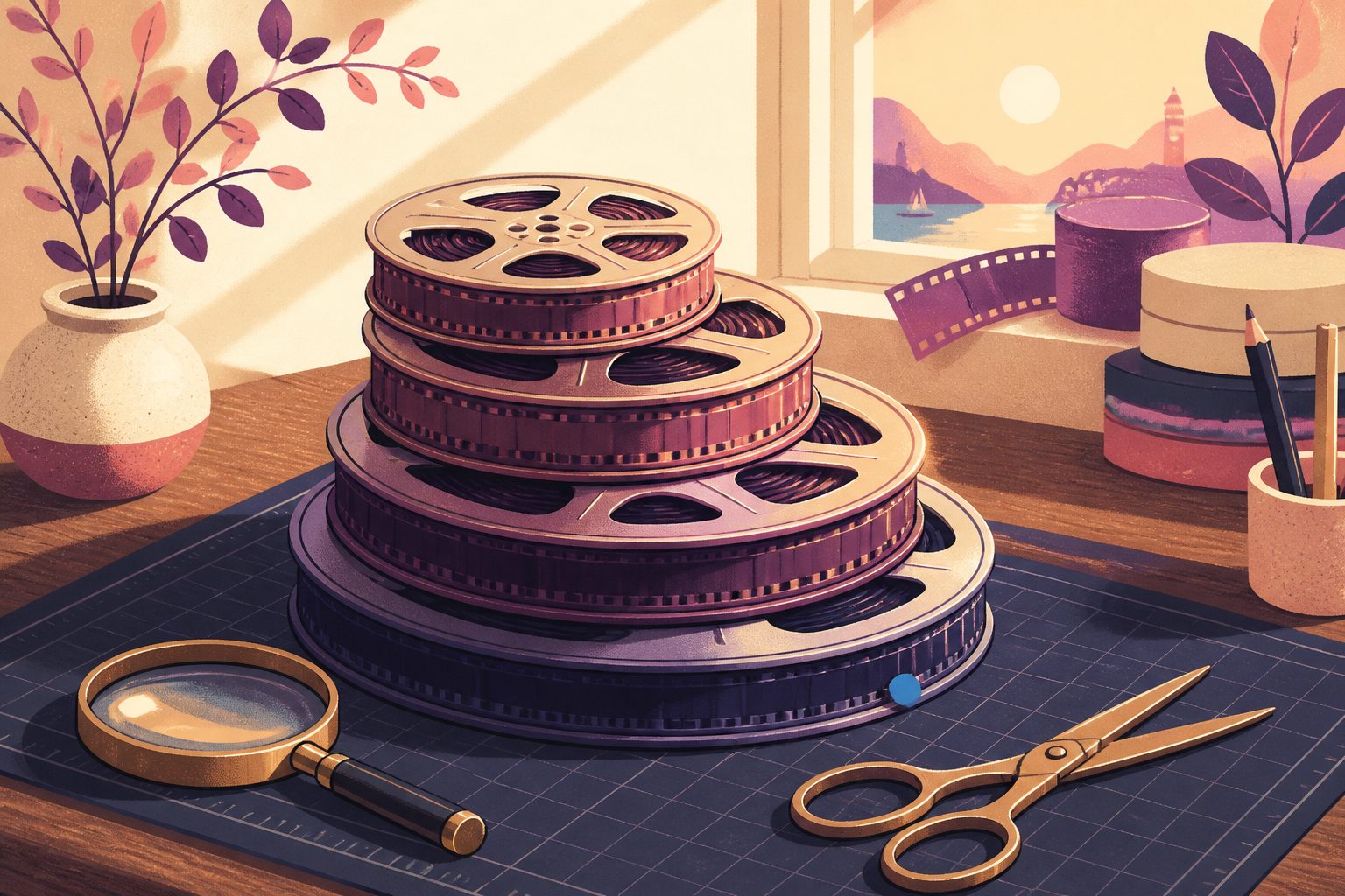 Four retro film reels stacked neatly on a wooden editing desk under a warm lamp