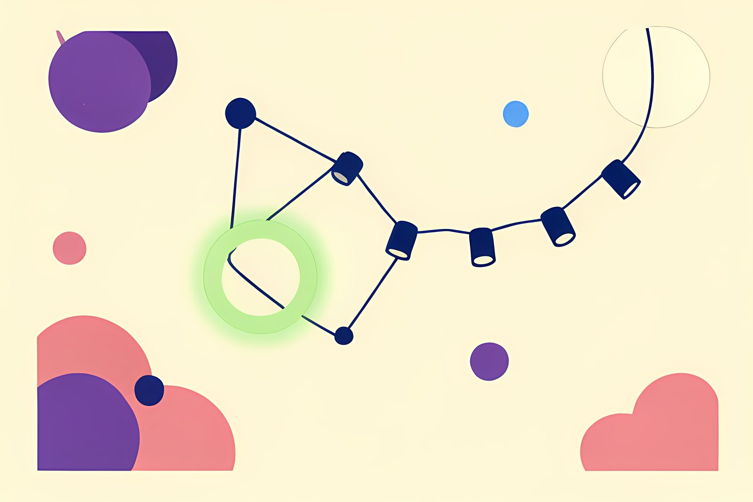 A luminous green ring rests above an elegant network of glowing lines and small geometric lights, with no people, symbols or words.