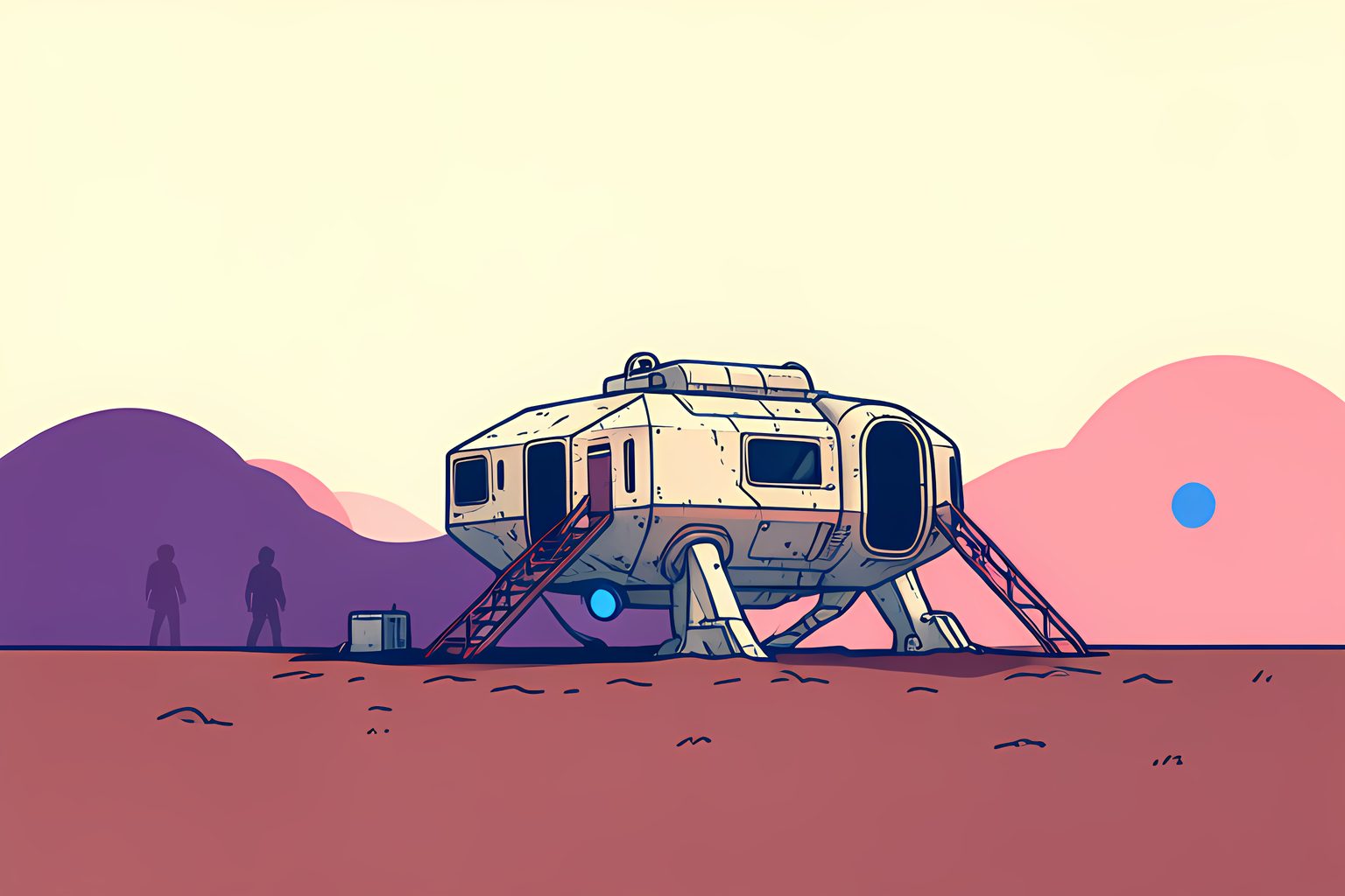 A broad, text-free science-fiction landscape with a weathered spacecraft shape, wet earth, climbing rails and a bright hopeful horizon, with no people.