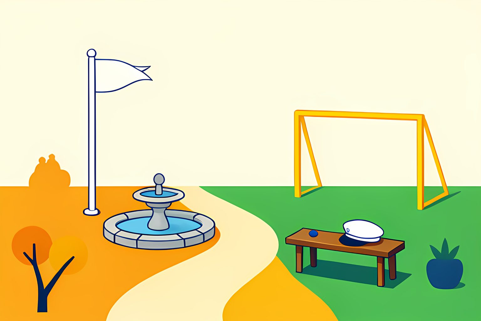 A sunlit garden path that splits in two around a small stone fountain, one branch leading to a flagpole and the other to a football goalpost, with a folded military cap resting on a bench between them.