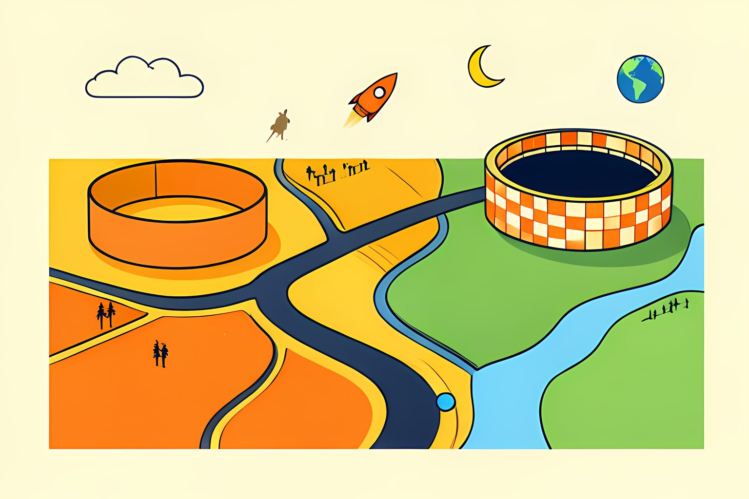 Illustrated map of a sunny, stylized southern landscape with a winding road running from a flat Texas plain to green Tennessee hills, where a large bowl-shaped stadium sits beside a river.