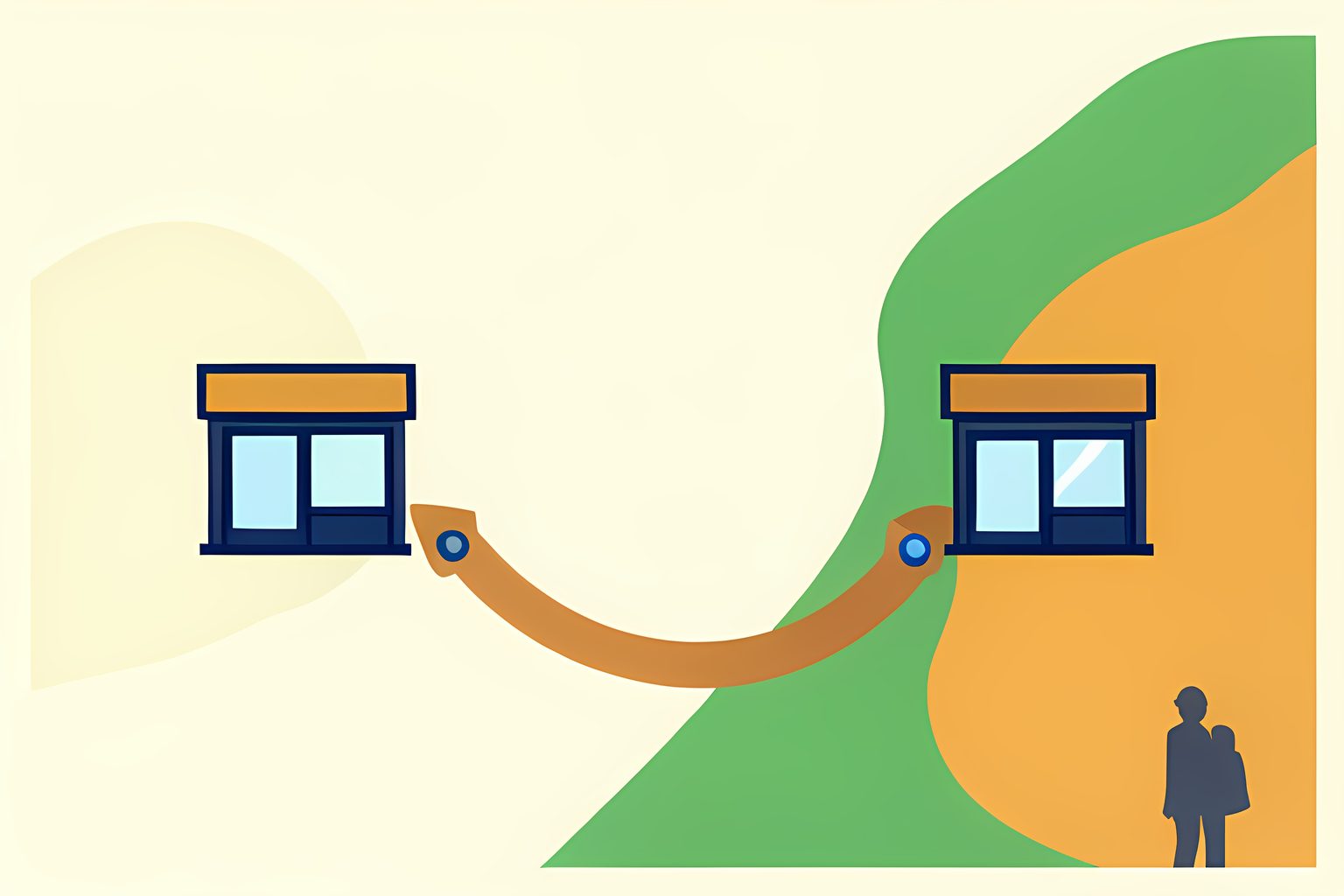 A person-free illustrated map of two unmarked storefront windows connected by a winding copper route, with tiny blank tags at each end.