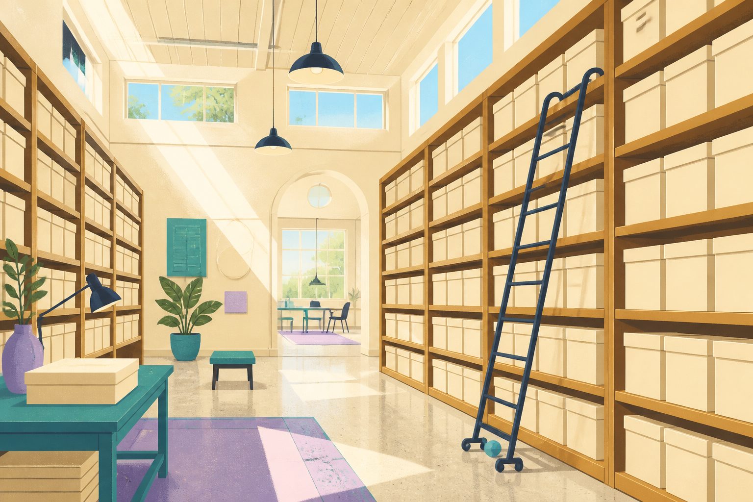 A cheerful wide scene of a brightly lit county records vault with tidy rows of sealed archival boxes on wooden shelves.