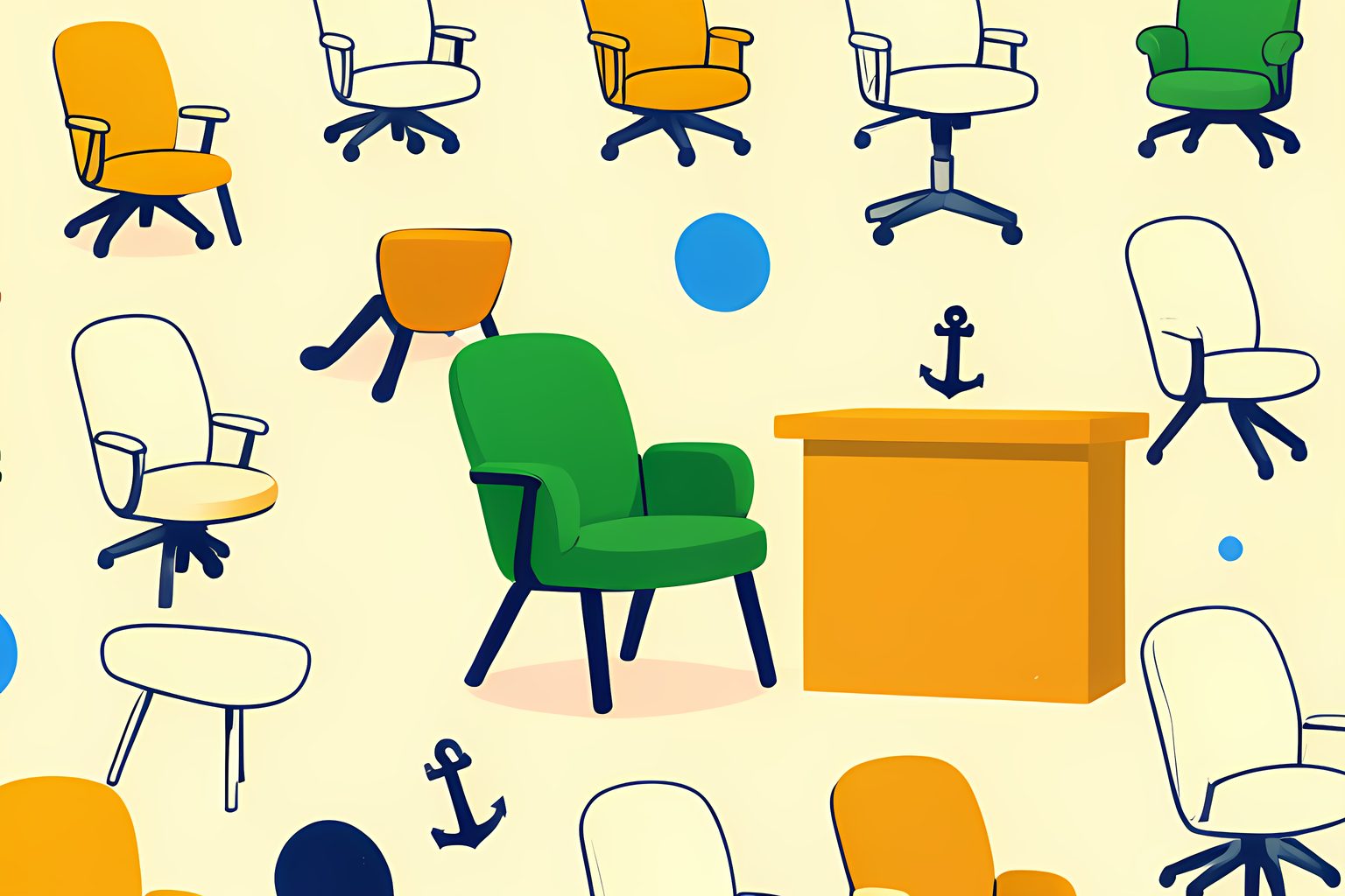 A text-free pattern of small unbranded cream boardroom chairs, with one green chair turned gently toward an amber worktable and a tiny blue dot.