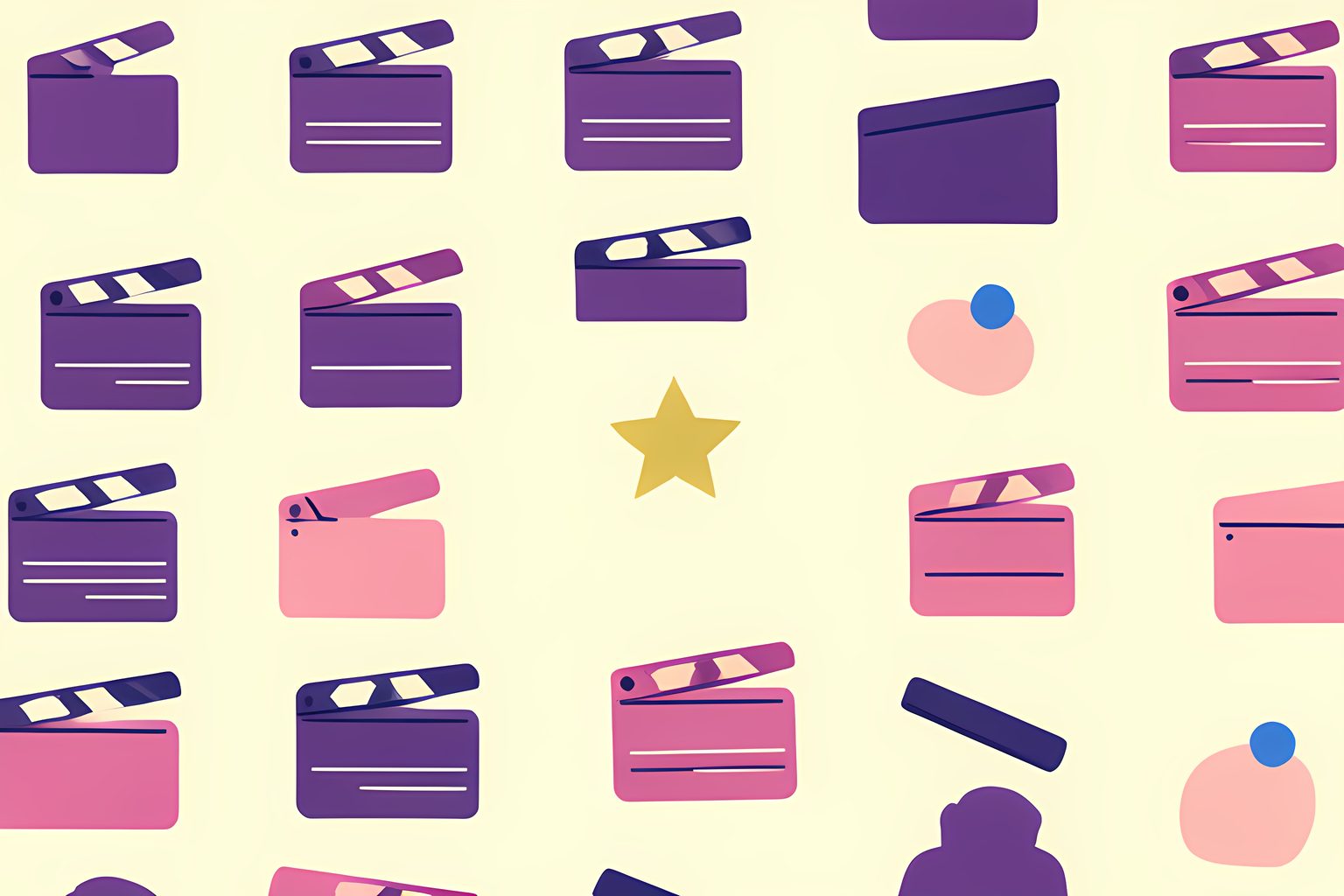 A cheerful flat pattern of small blank film clapperboards in plum purple and dusk pink on warm cream, with exactly one clapperboard in the grid swapped for a small golden five-pointed star.