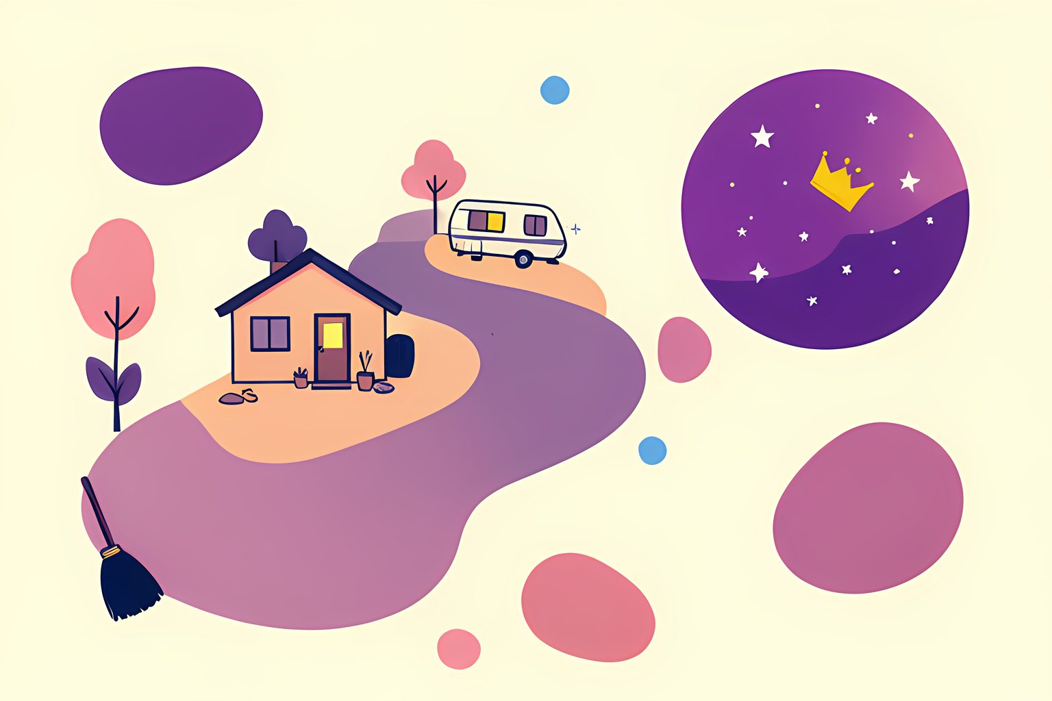 A warm, text-free illustrated map of a winding road that starts at a small cottage with a broom leaning by the door, passes a desert trailer park with one lit window, and ends at a star-speckled planet wearing a small golden crown, plum and dusk pink on cream.