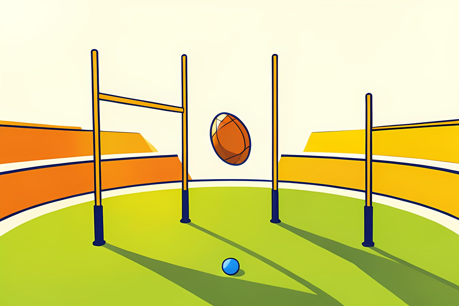 Flat editorial illustration of four goalposts on a sunlit oval, two tall inner posts and two shorter outer posts, with an oval football arcing between the tall pair and a small blue dot in the grass.