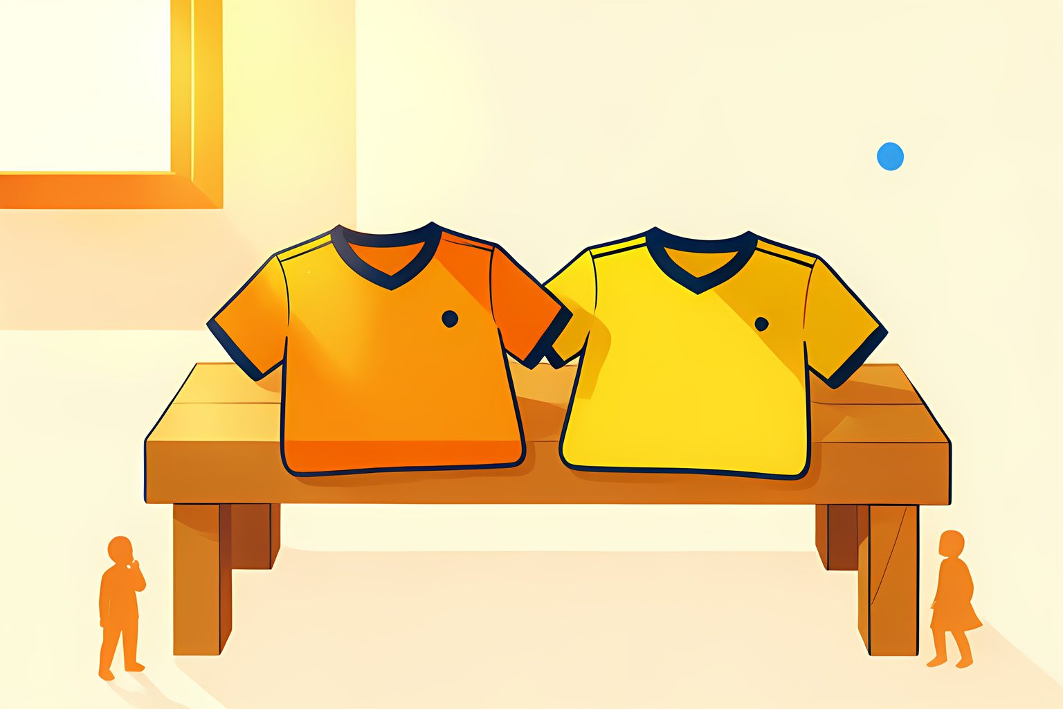 A stylized still life featuring two classic folded vintage soccer jerseys in blue and white on a wooden bench with morning side light