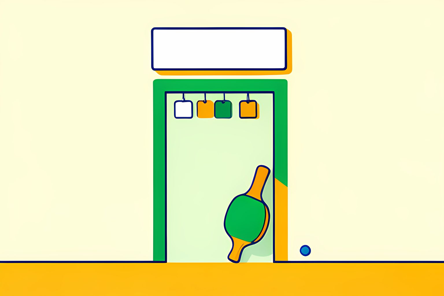 A wide, welcoming gym entrance with an open doorway and a blank rectangular sign above it, a row of small blank membership tags hanging from a rack just inside, and a single pickleball paddle leaning against the doorframe in warm morning light.