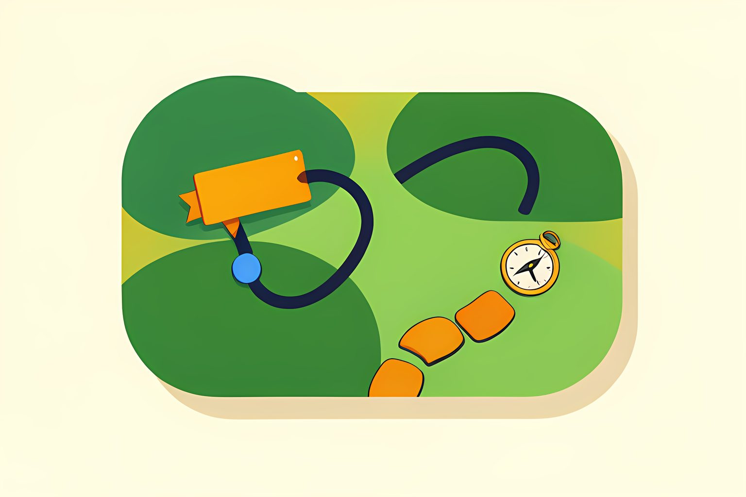A sunny text-free illustrated map of a blue ribbon moving between two blank version tiles along a curved path, with a small brass compass and a tiny blue dot.