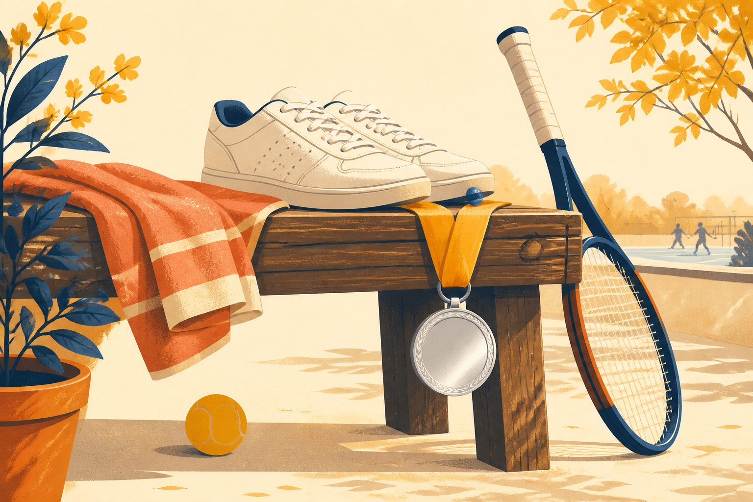 A silver medal resting on a low wooden bench beside a pair of tennis shoes and a clay court towel under bright morning side light on warm cream