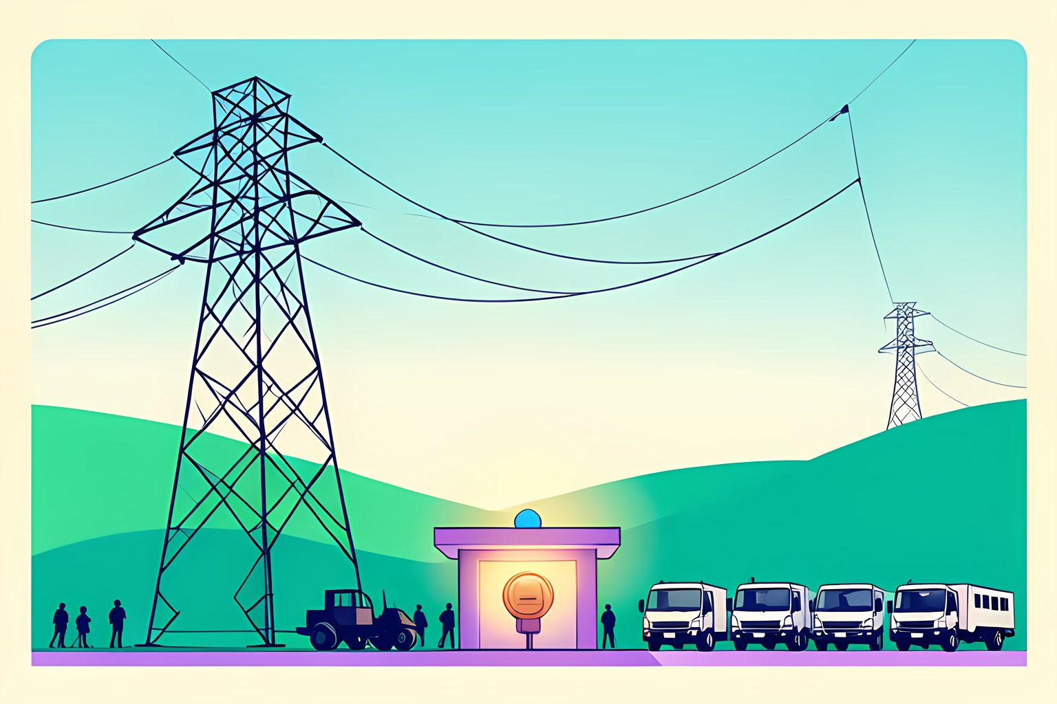 A bright stylized diagram of high-voltage steel transmission towers connected by arching power lines flowing down to a sunlit neighborhood substation on warm cream with a small blue dot