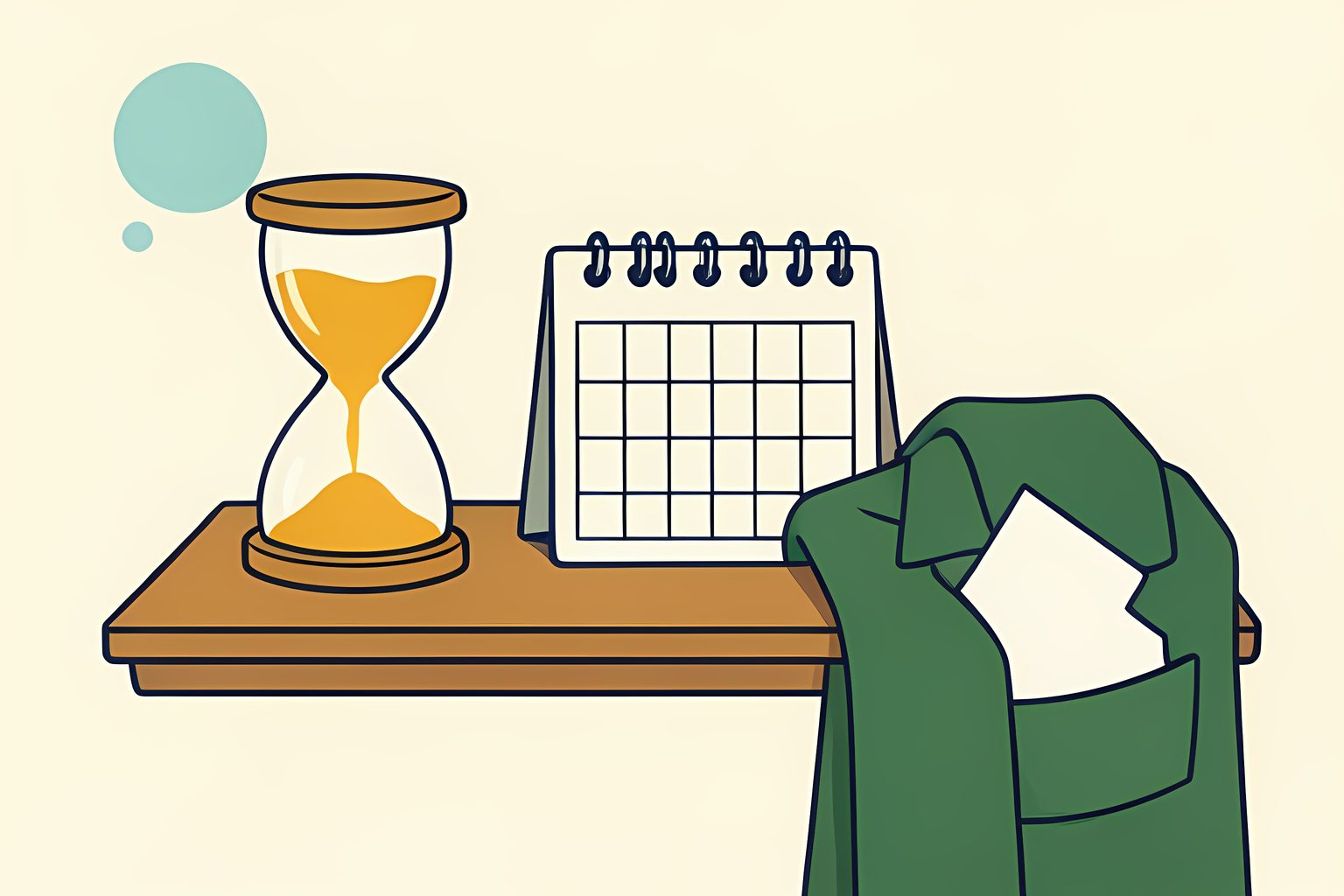 A flat illustration of a blank paper ticket resting on a low wooden table beside an open desk calendar and a small brass hourglass, in warm morning side light.