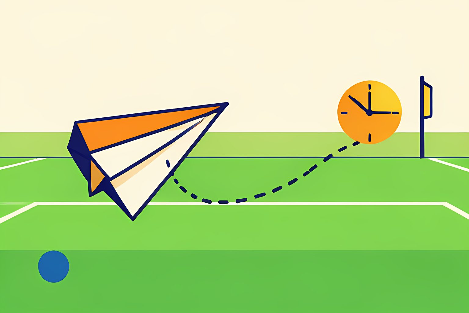 A paper airplane folded from a blank sheet glides above a long, curving dotted route that sweeps across a sunlit football field toward a glowing end zone.