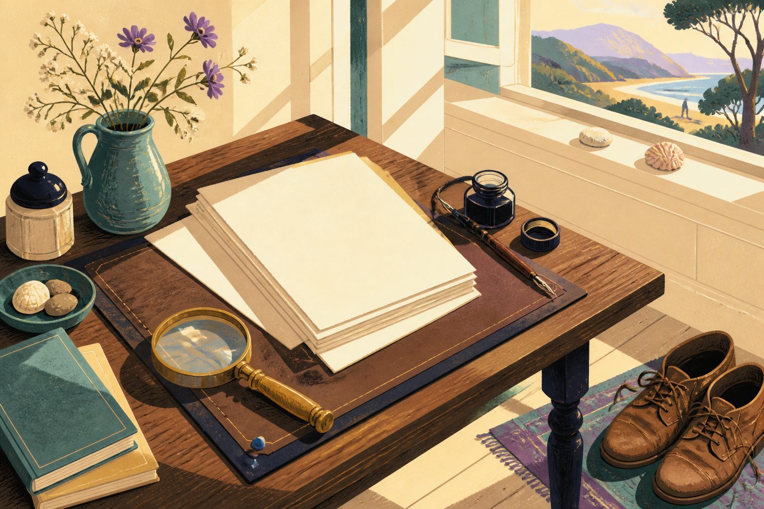 A vintage wooden writing desk with blank paper, an inkwell, and walking shoes in morning sunlight