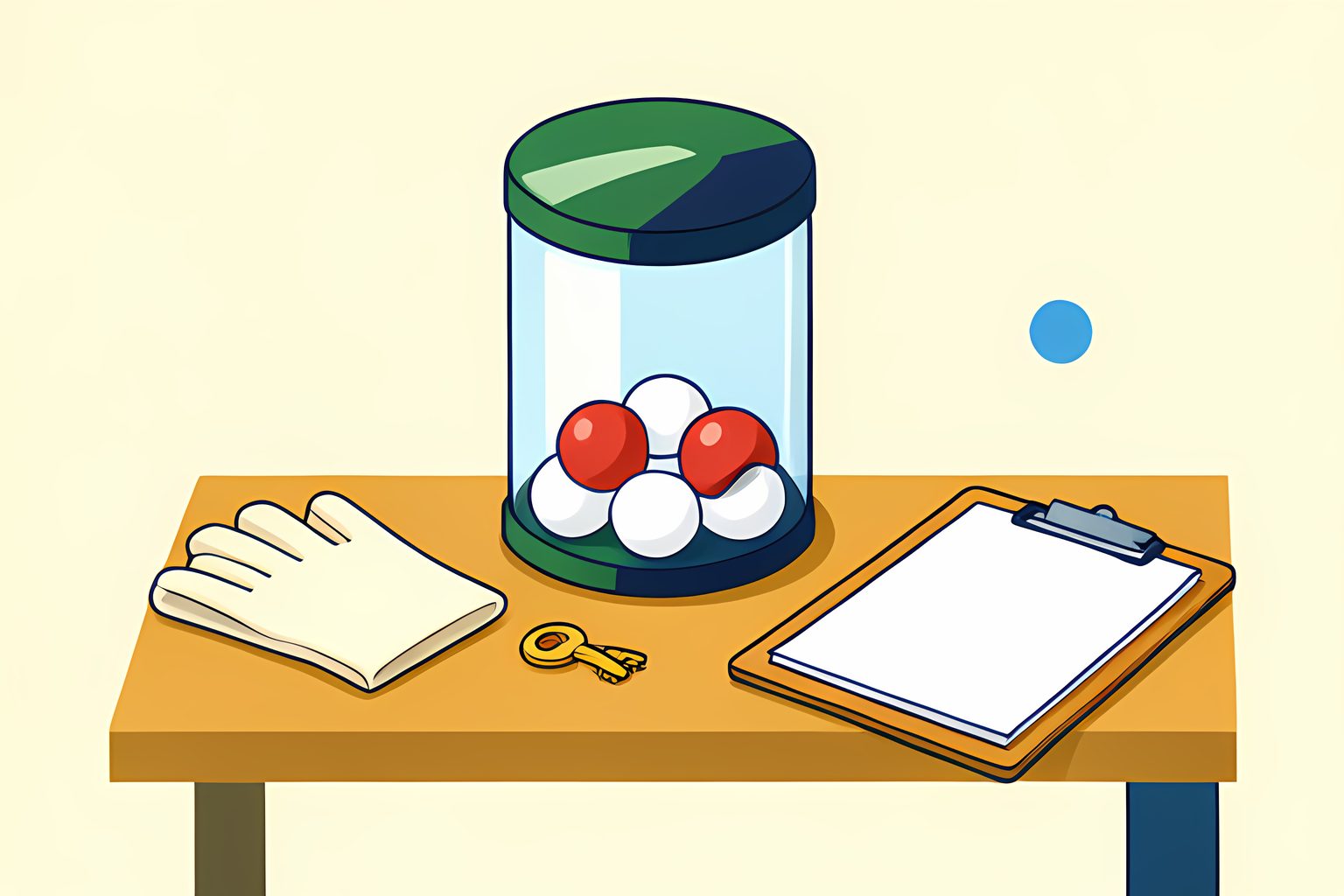 A bright studio still life: a clear lottery drum on a low table holding plain white balls and one red ball, a folded pair of soft gloves resting beside it in warm side light.