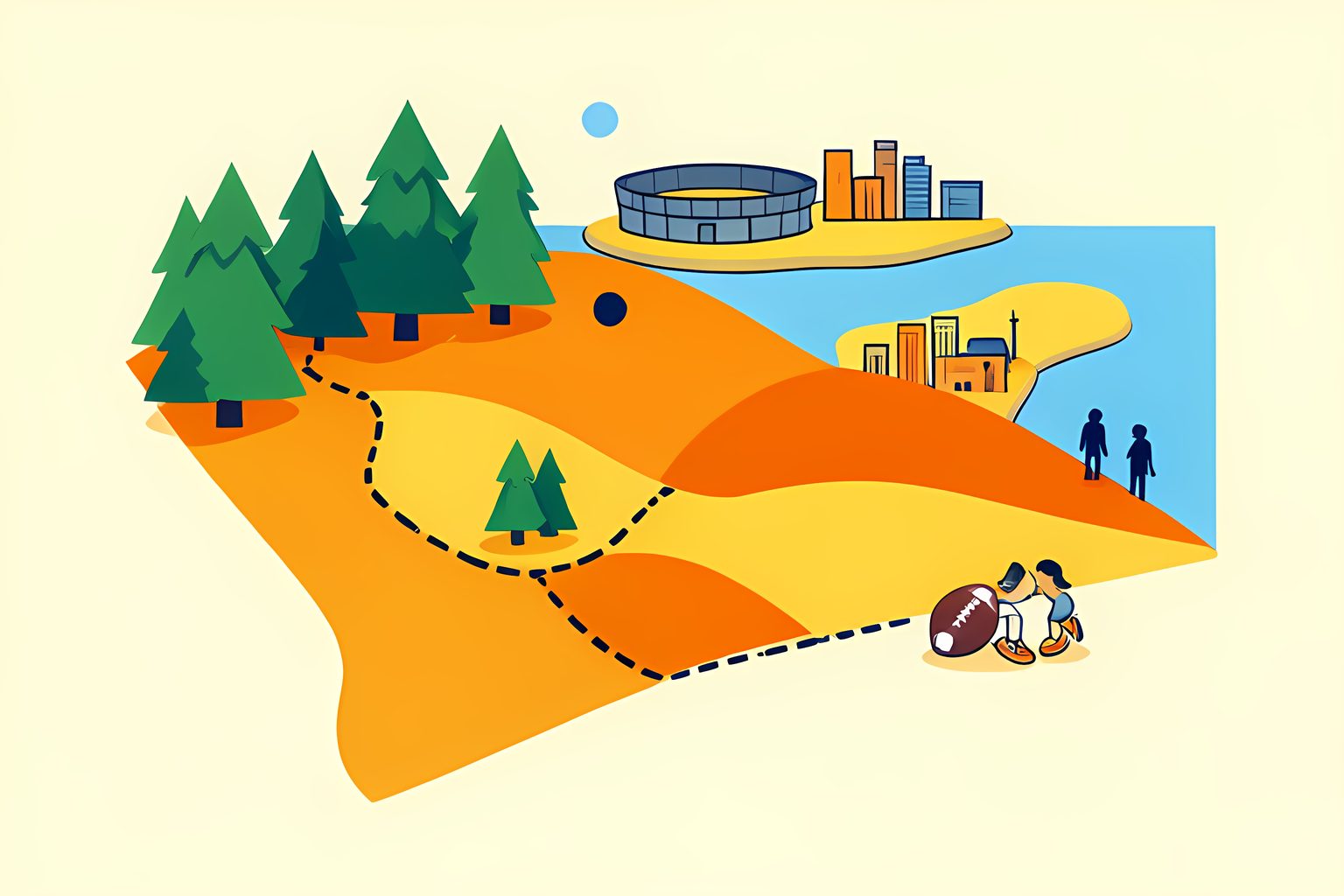 A warm stylized map with a dotted path winding from green pine hills in the south up through rolling orange hills to a sunny riverside city, with one tiny football resting at the end of the route.