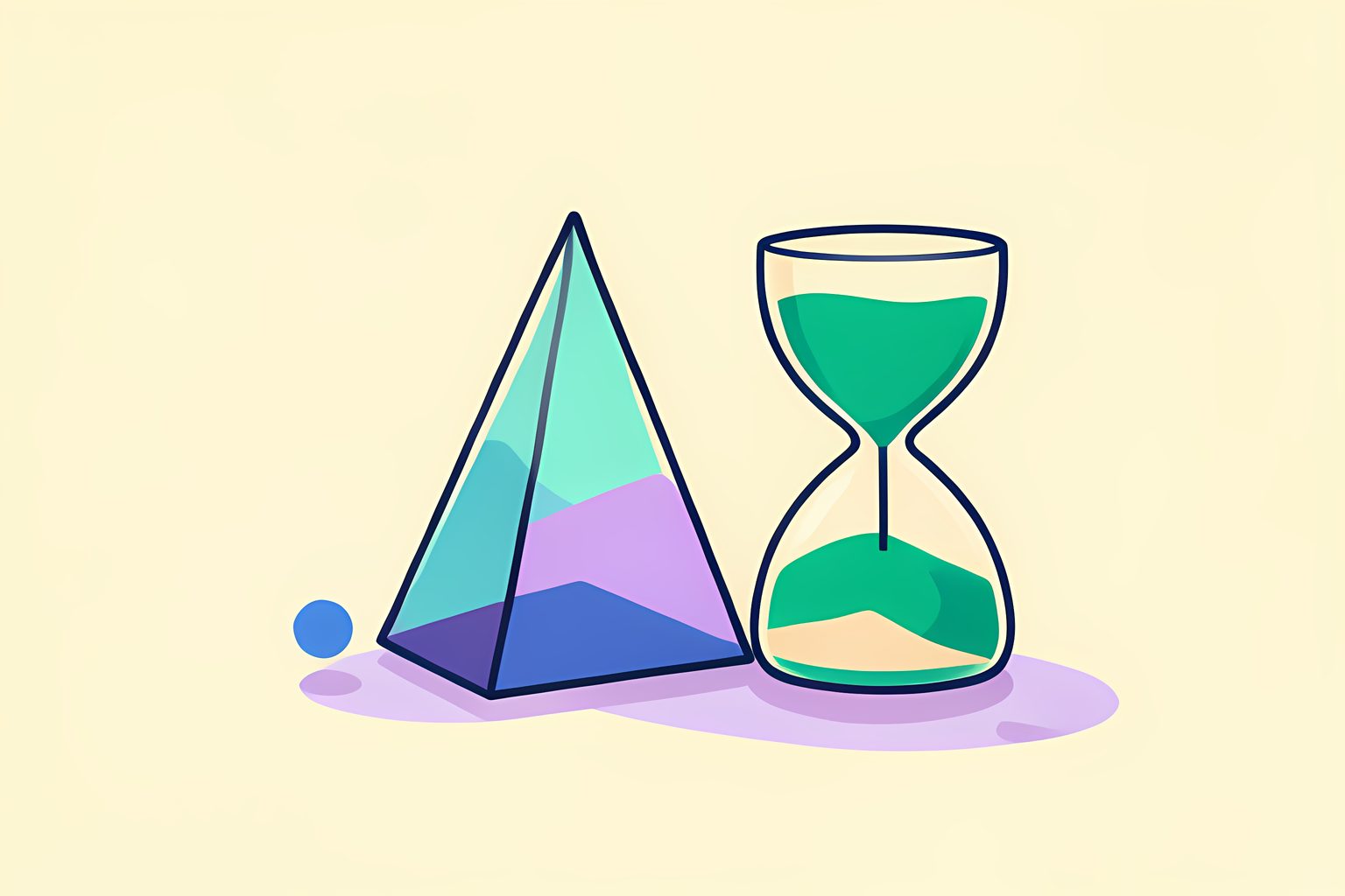 A stylized hourglass sitting next to blooming green sprigs and a clean glass prism reflecting morning light across a cream surface.