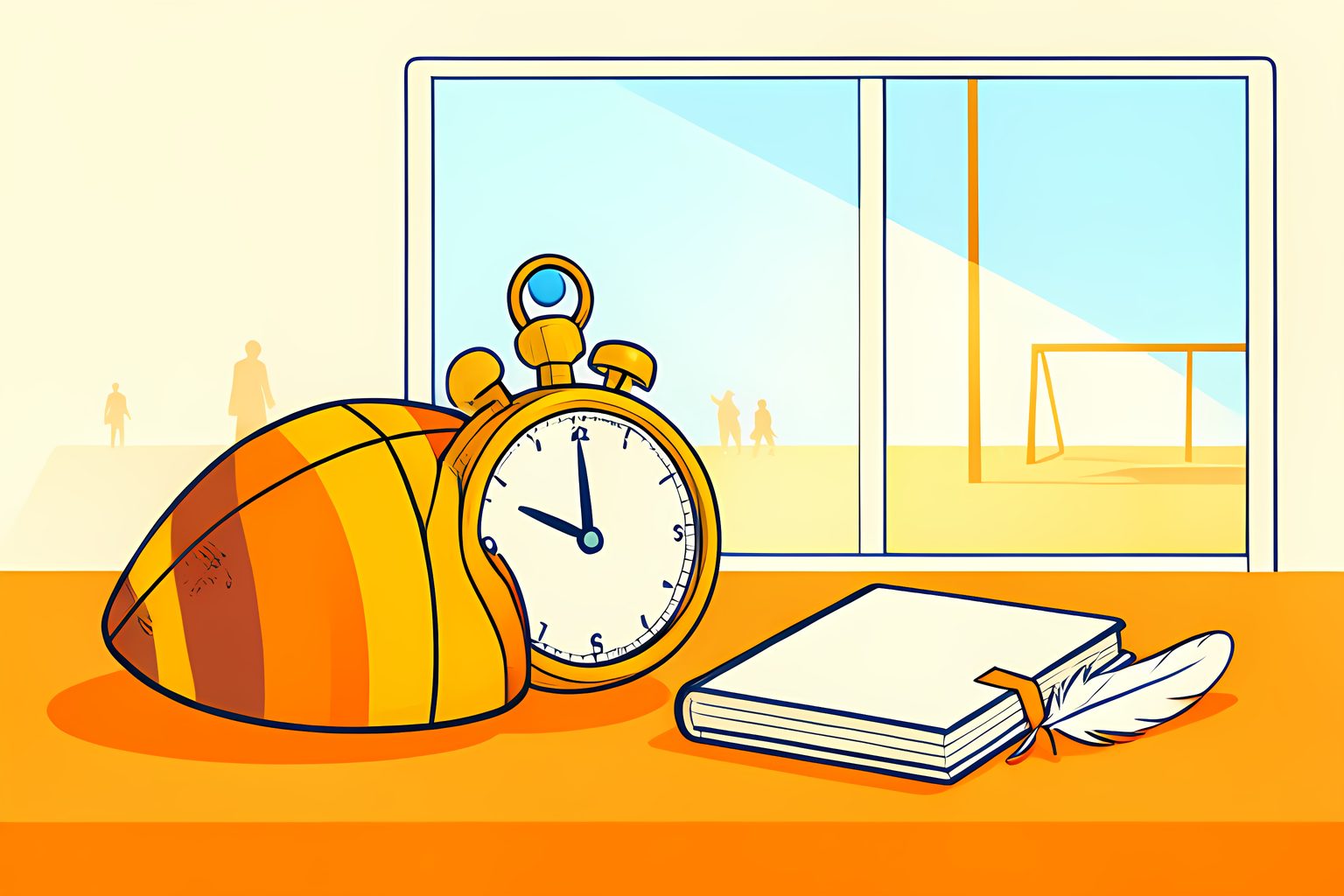 A brass stopwatch with a blank face resting on a folded referee's cap beside a football, lit by warm morning light.