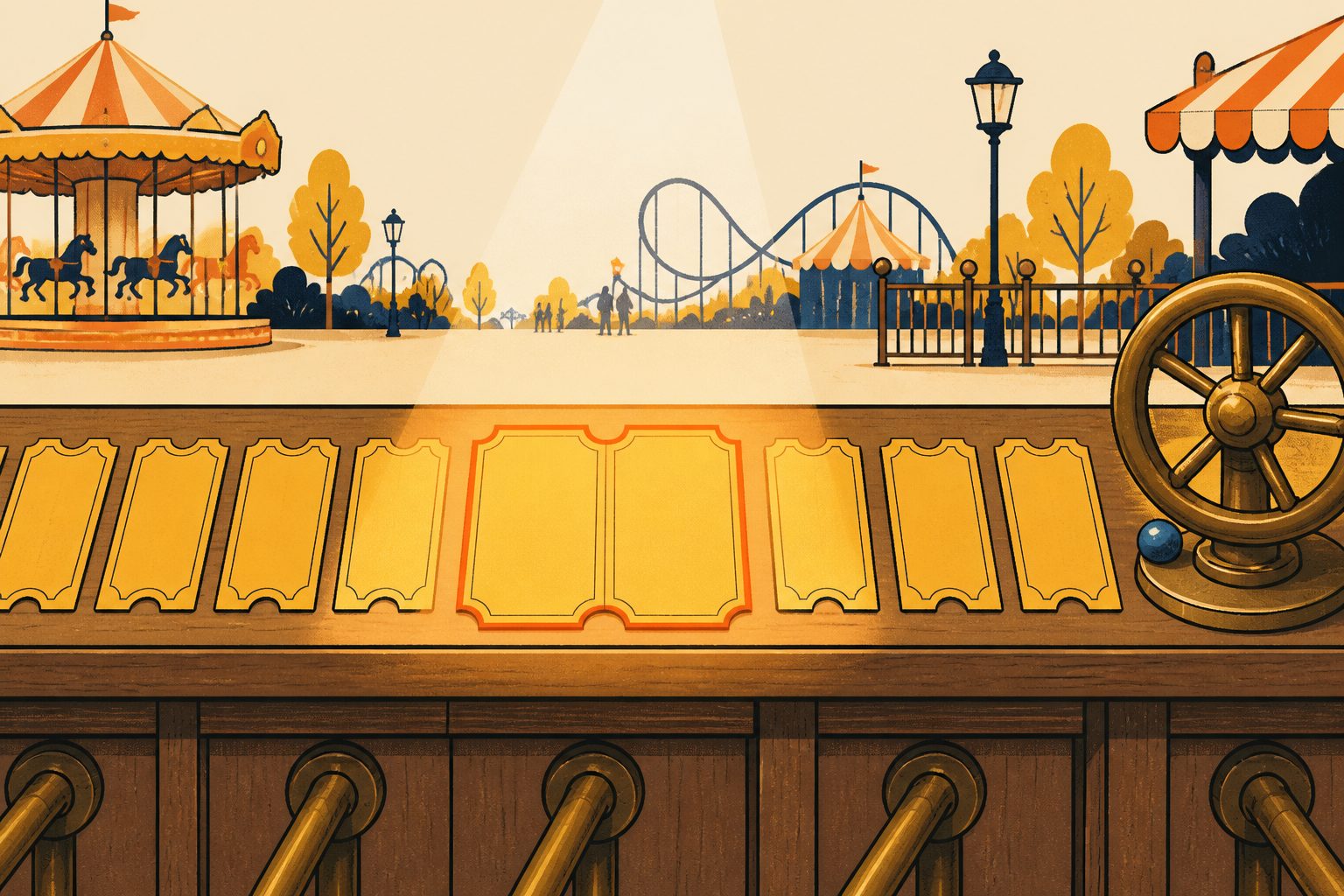 A repeating pattern of neat yellow ticket stubs with one highlighted split-admission ticket glowing in warm morning light beside a turnstile