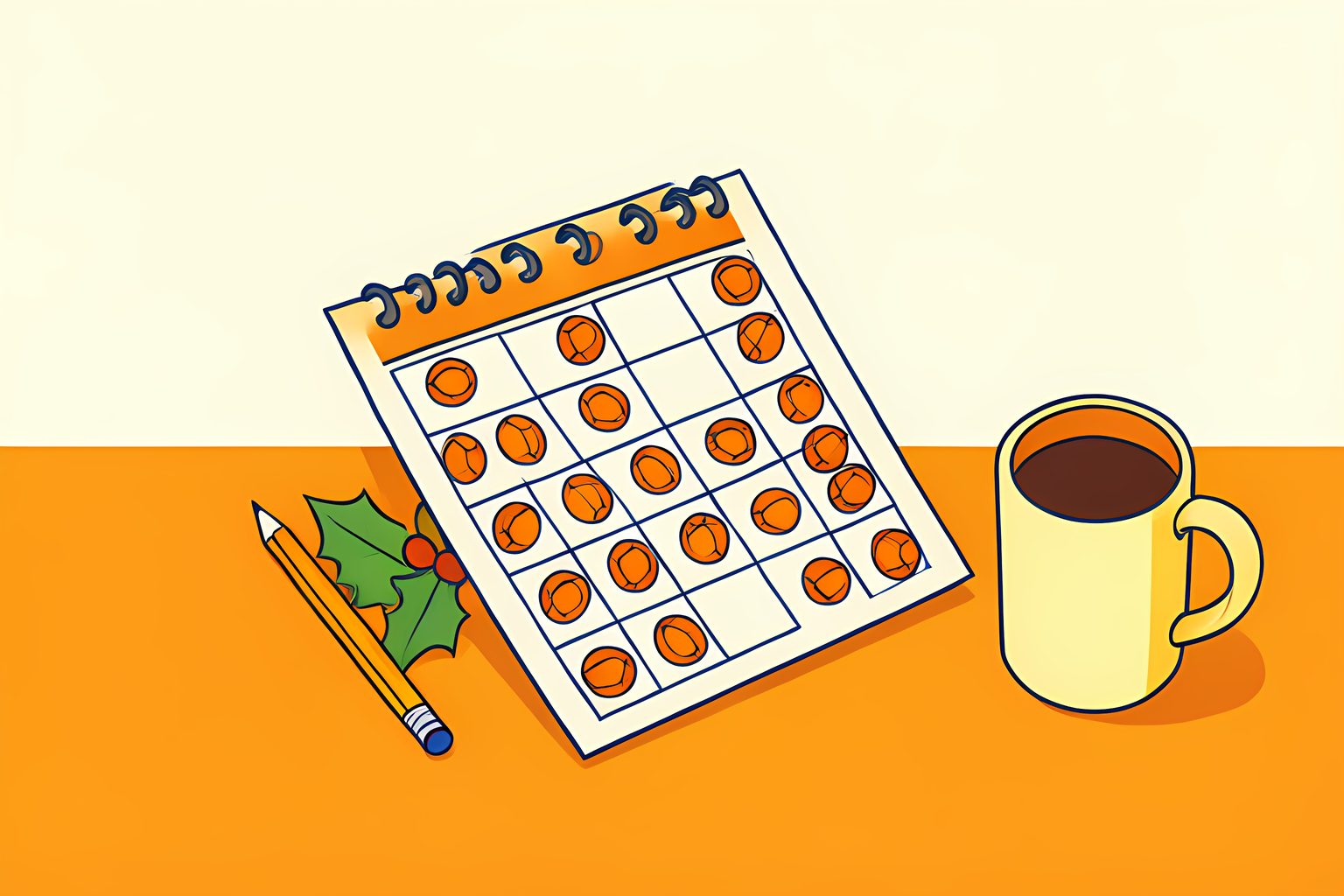 A cheerful flat illustration of a wall calendar page with most squares filled by small football shapes and two final squares left blank, with a pencil resting beside them on a sunny desk.