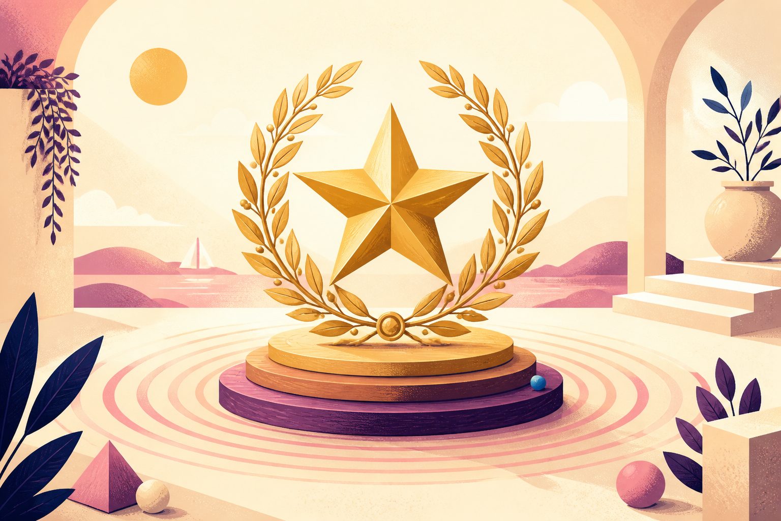 A gleaming geometric star surrounded by a stylized laurel wreath resting on a sunlit polished wood pedestal with ribbon accents