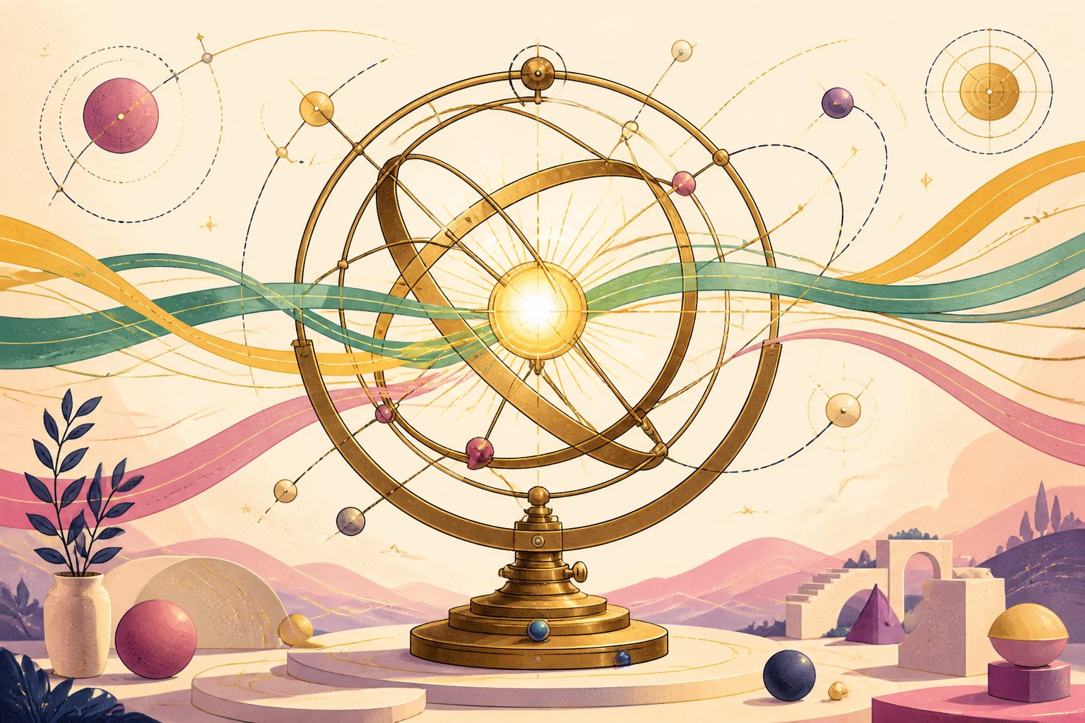 A glowing brass armillary sphere with branching orbital rings and luminous golden thread pathways.