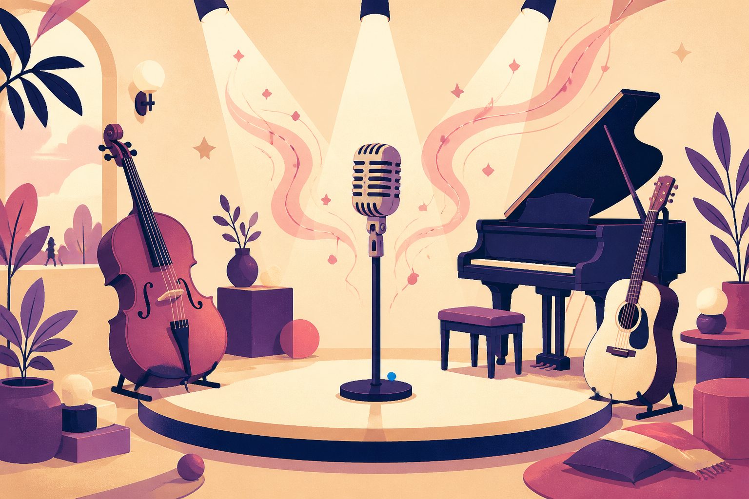 A vintage studio microphone standing on an illuminated circular stage surrounded by acoustic instruments under warm ribbons of light.