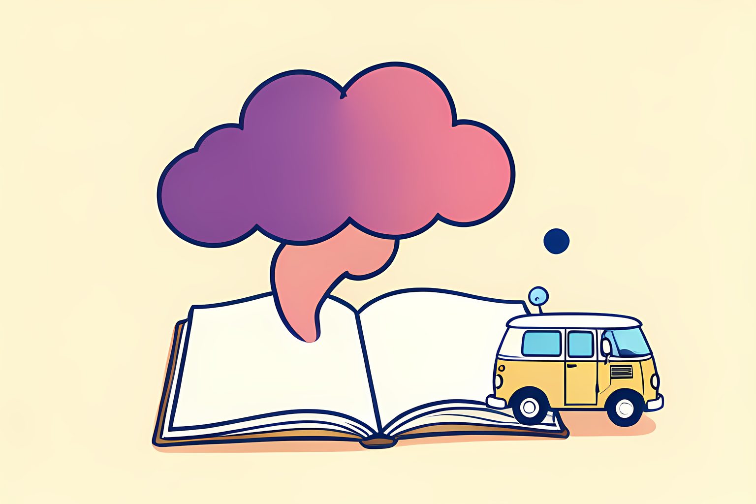 A text-free drawn cloud rising from a blank sketchbook and turning into layered weather shapes and a small animated weather van.