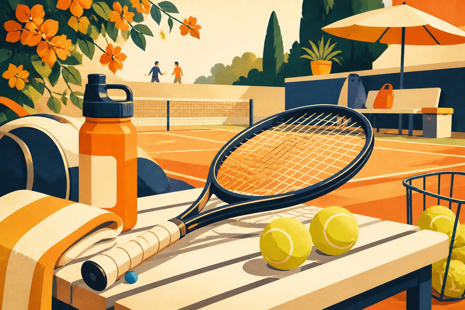 Stylized flat illustration of a tennis racket resting on a warm wooden bench with tennis balls and a sunny clay court backdrop, featuring a small blue dot accent.