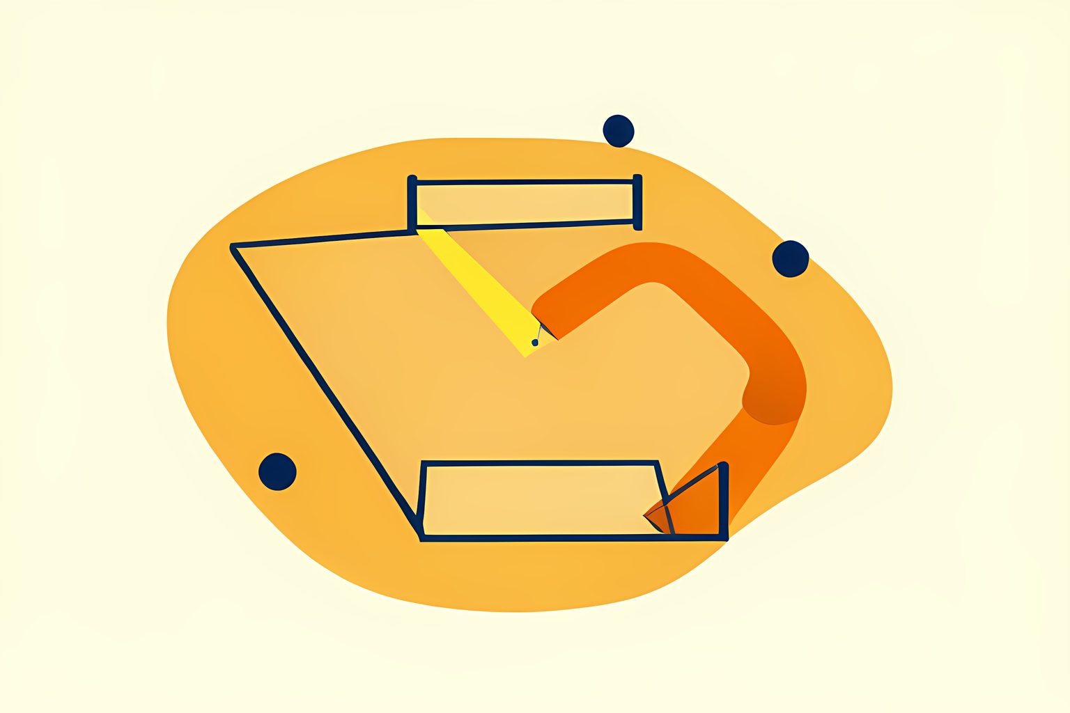 A text-free, sunny illustrated map of two different tennis-ball routes, one quick and straight and one curving through wide angles, meeting at a small empty court.