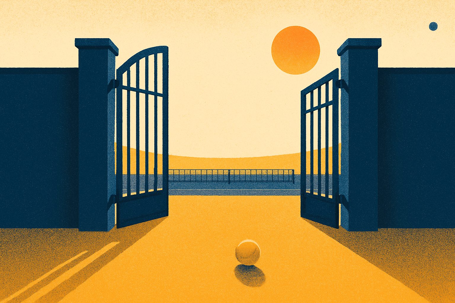 Stylized illustration of tall open stadium gates in early morning light, with a single tennis ball resting on the sunlit walkway leading in.