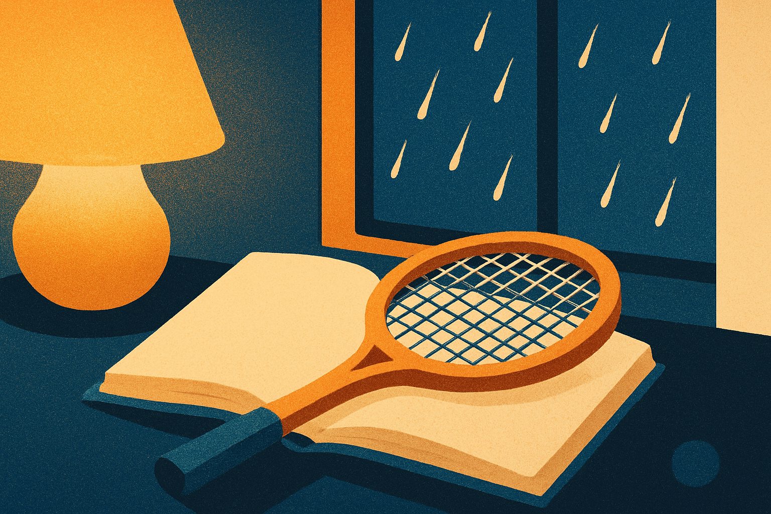 Stylized illustration of a wooden tennis racquet resting on an open book beside a lit table lamp, with rain streaking the dark window behind.