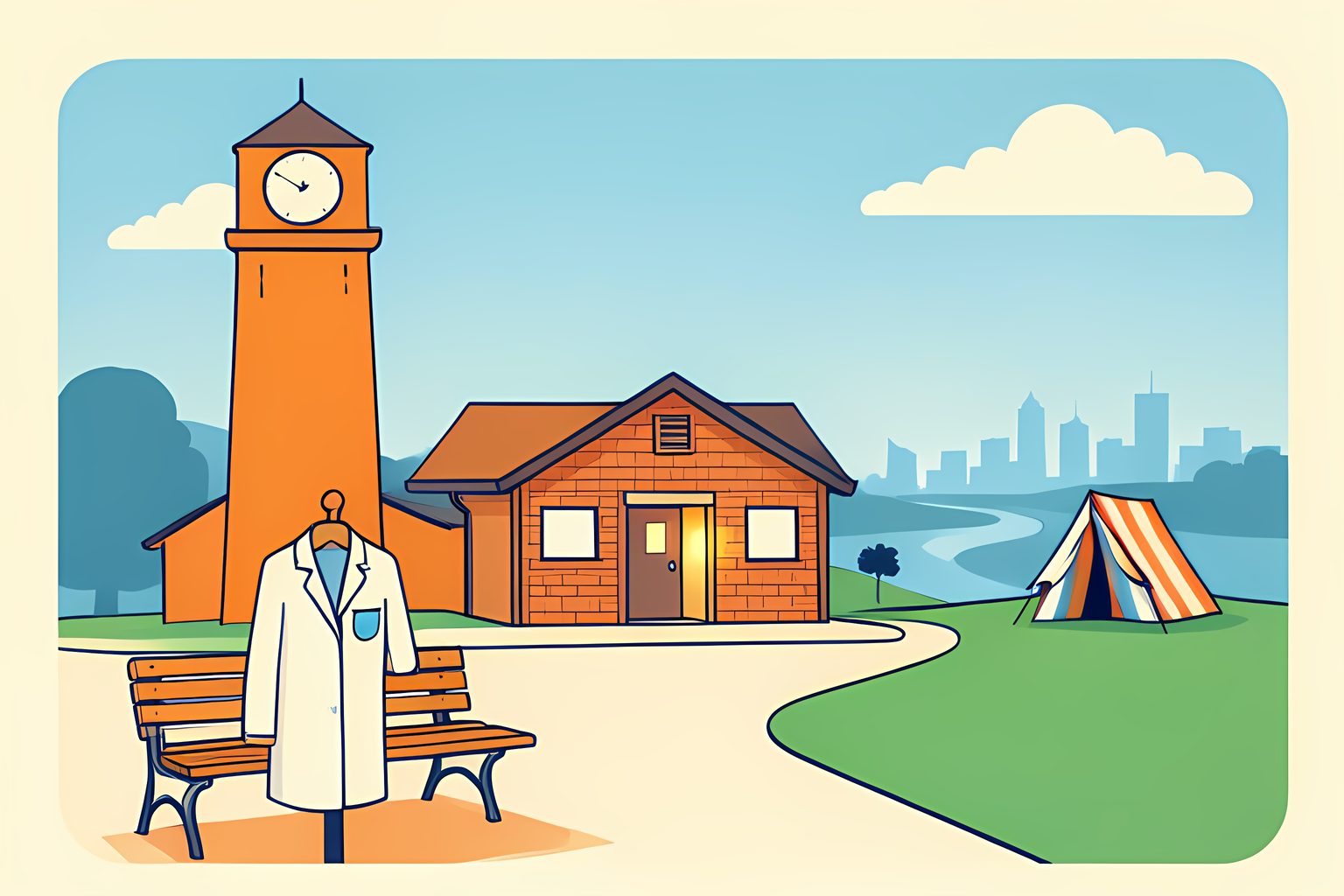 A sunny flat illustration of a small Ohio town square in morning light, with a clock tower, a brick shelter house with an open door, and a white coat hanging on a coat stand beside a park bench.
