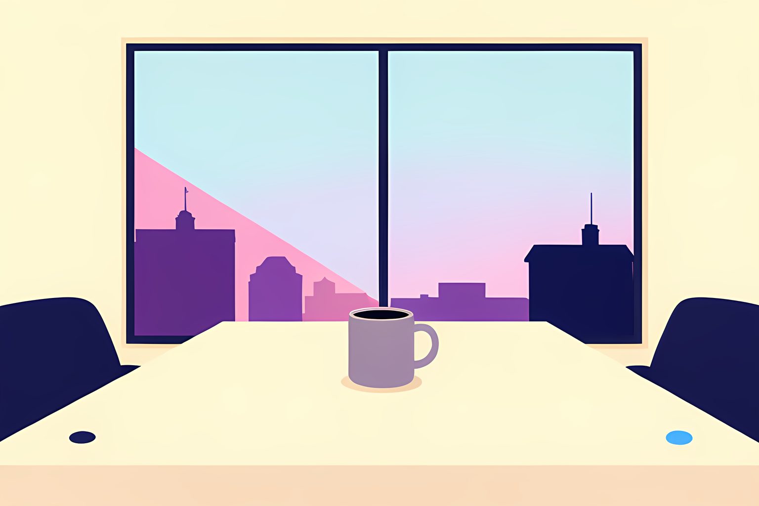 A wide boardroom table beneath a large floor-to-ceiling window overlooking sunlit city towers, with a single blank smartphone resting beside an empty coffee mug.