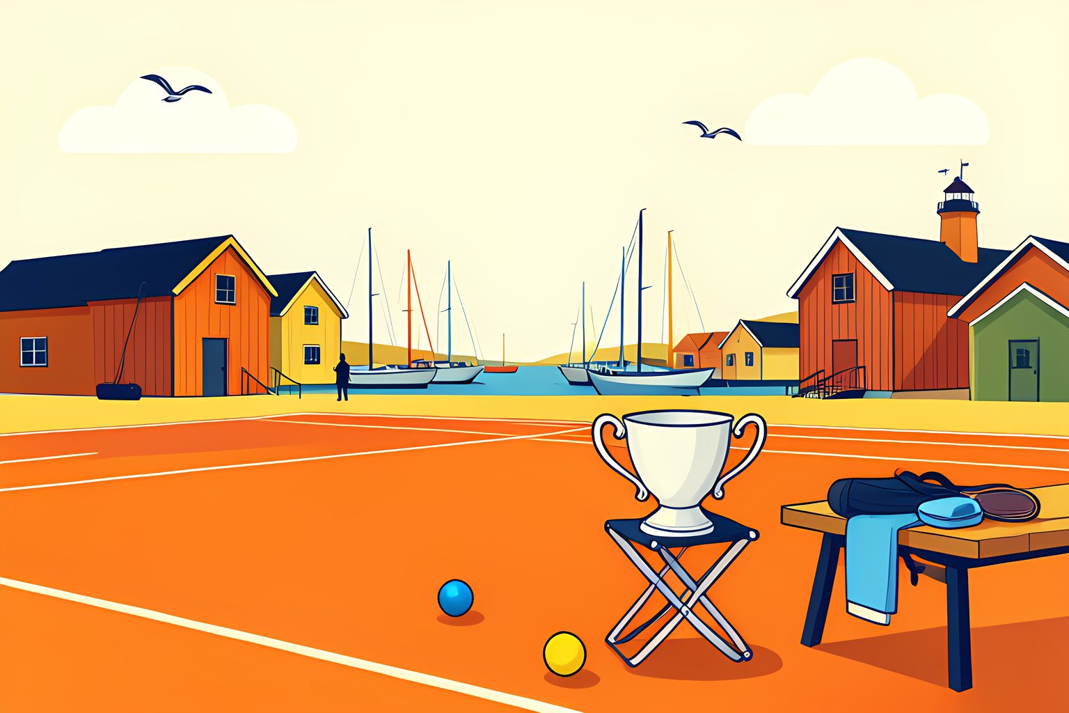 A sunlit clay tennis court at the edge of a Swedish harbor town, a single tennis ball resting on the baseline beside a blank trophy cup.