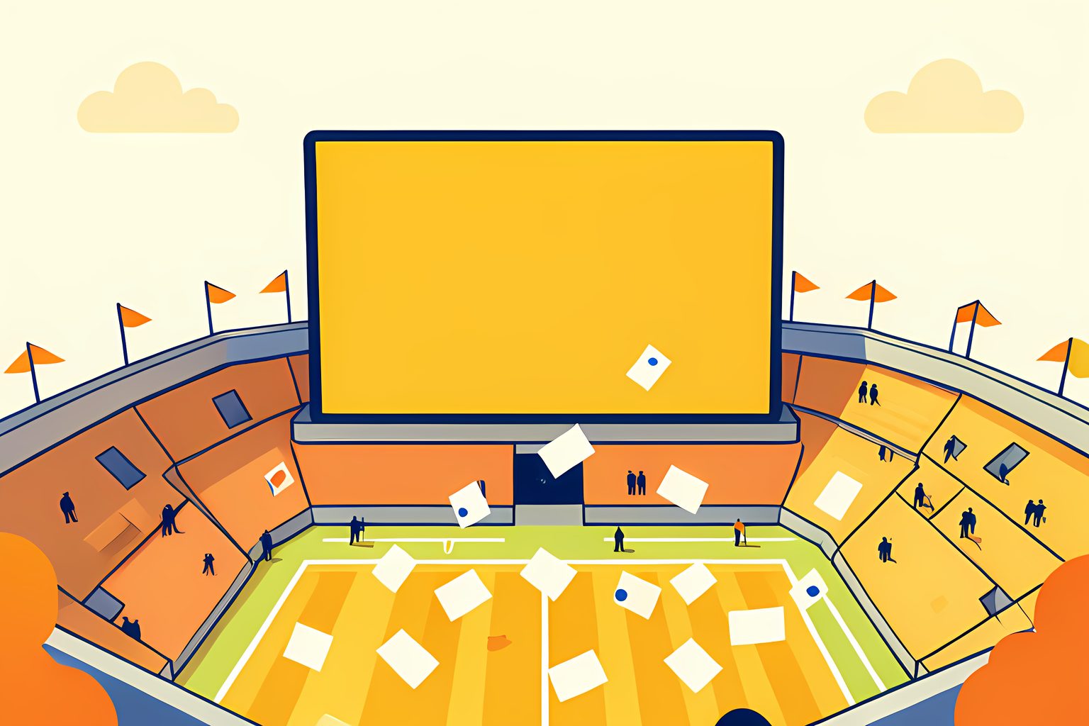 A sunny college stadium seen from high above the upper deck, with a large blank scoreboard and rows of small blank cards fluttering down like confetti toward the field.