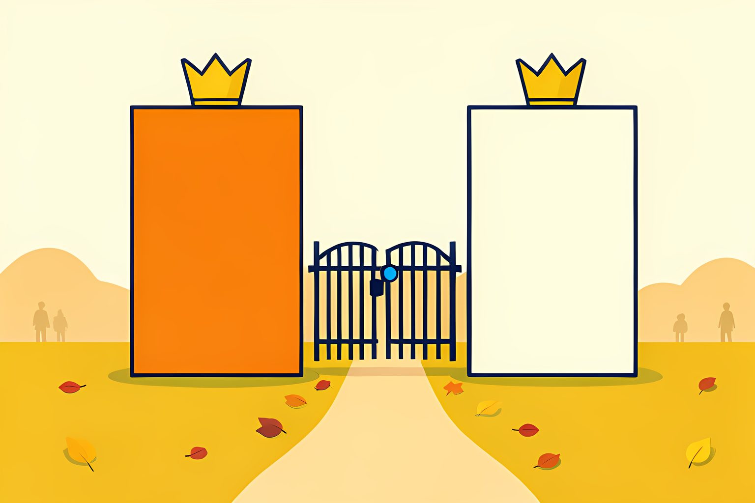 Two tall blank ranking boards stand side by side on a sunlit lawn, one plain and one topped with a small gold bracket shape, with a gate between them opening onto a path.