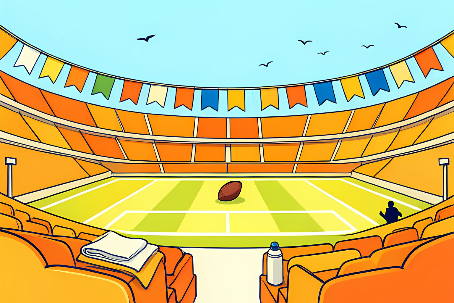 Illustration of a sunny, empty college stadium in morning light, with a single football resting on the grass at midfield and a long family of pennants fluttering along the upper rim.