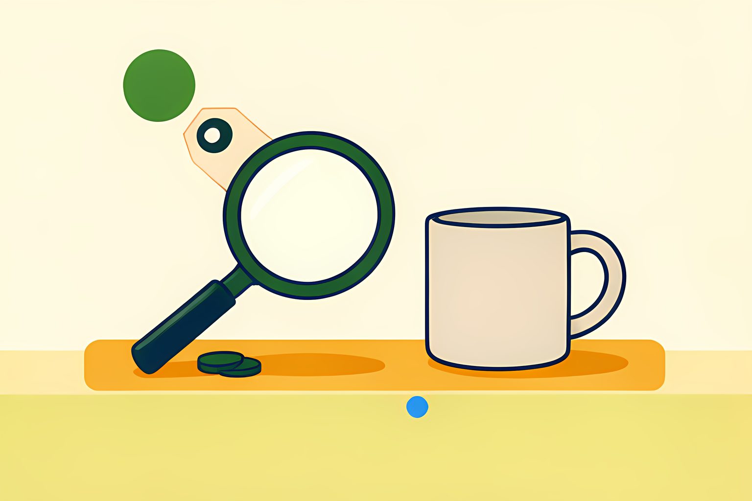 A blank price tag, magnifying glass, plain ceramic mug, and two unmarked coins rest on a low sunlit table.