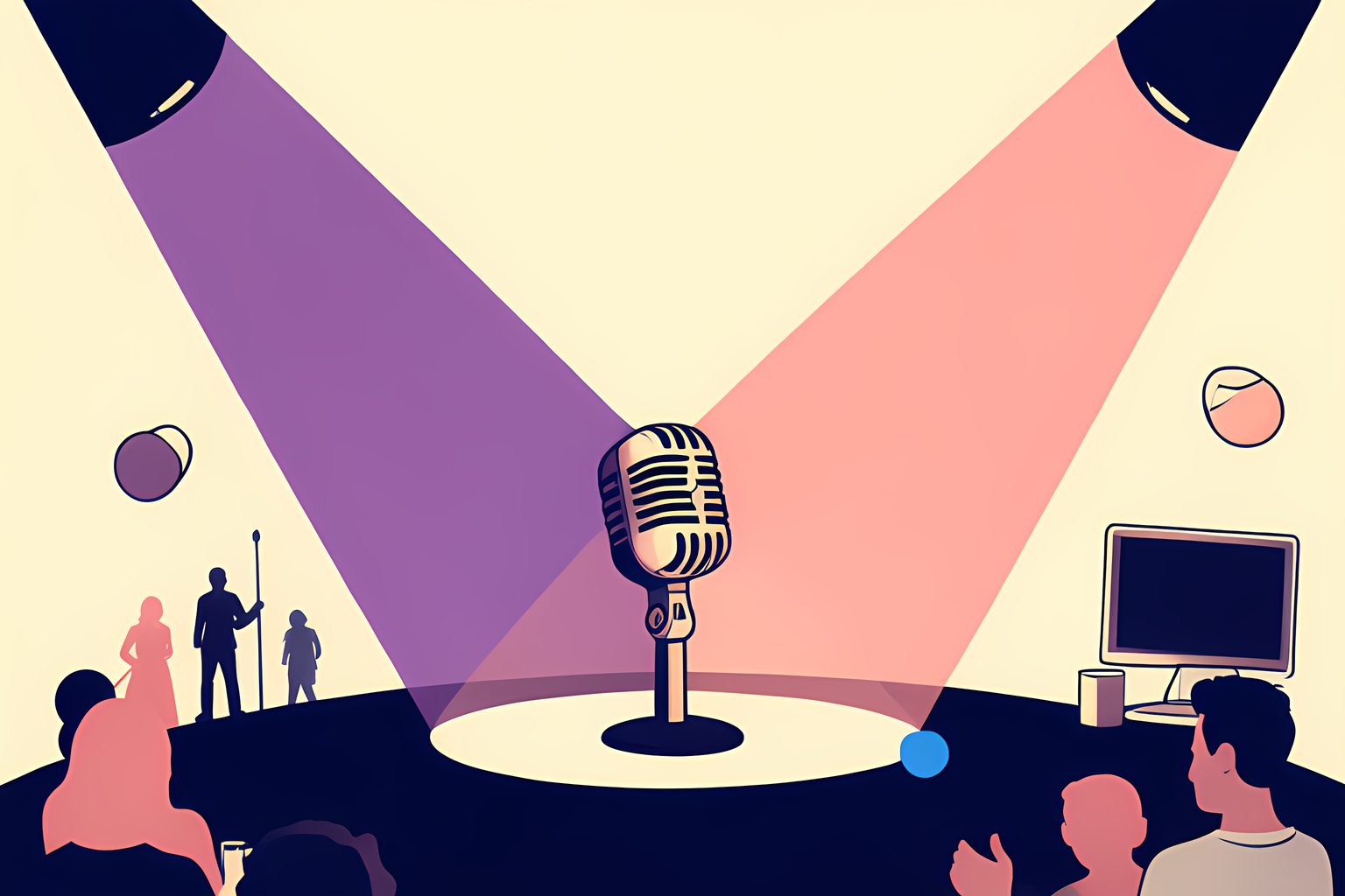 Two warm spotlights from opposite sides of a dark stage cross to form one pool of light around a single vintage microphone.