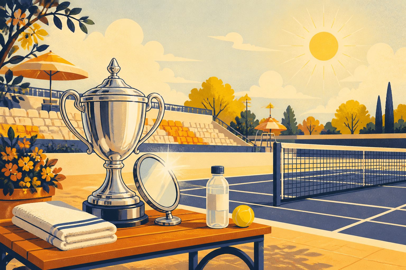 A sunny hard tennis court with a gleaming silver trophy on a courtside bench and a small round mirror propped beside it.