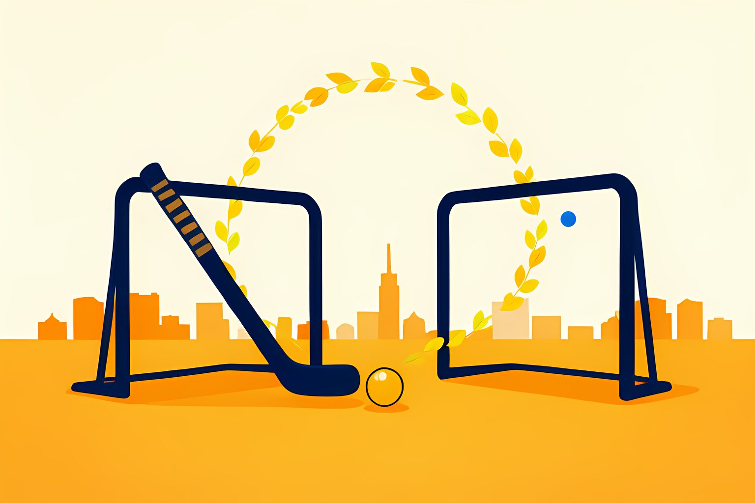 A bright text-free editorial scene of a plain hockey stick guiding a golden ball through two curved empty goal arches toward a small sunlit city skyline.
