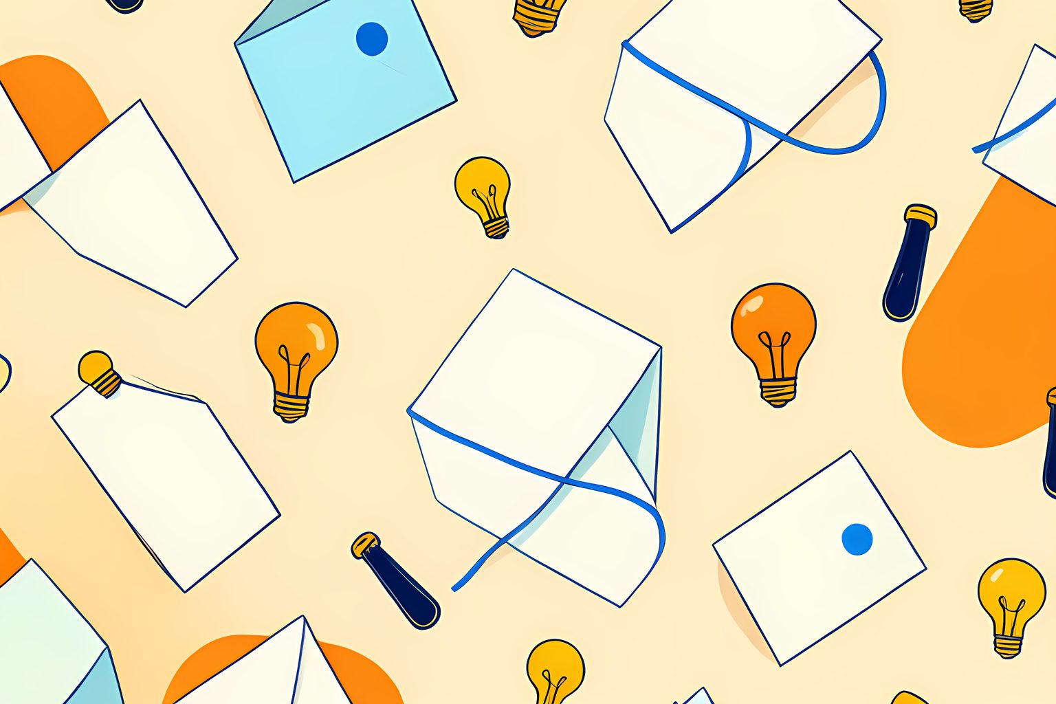 A delightful repeating pattern of folded blank notes and tiny warm-gold lightbulbs, with one note left closed by a bright blue string.