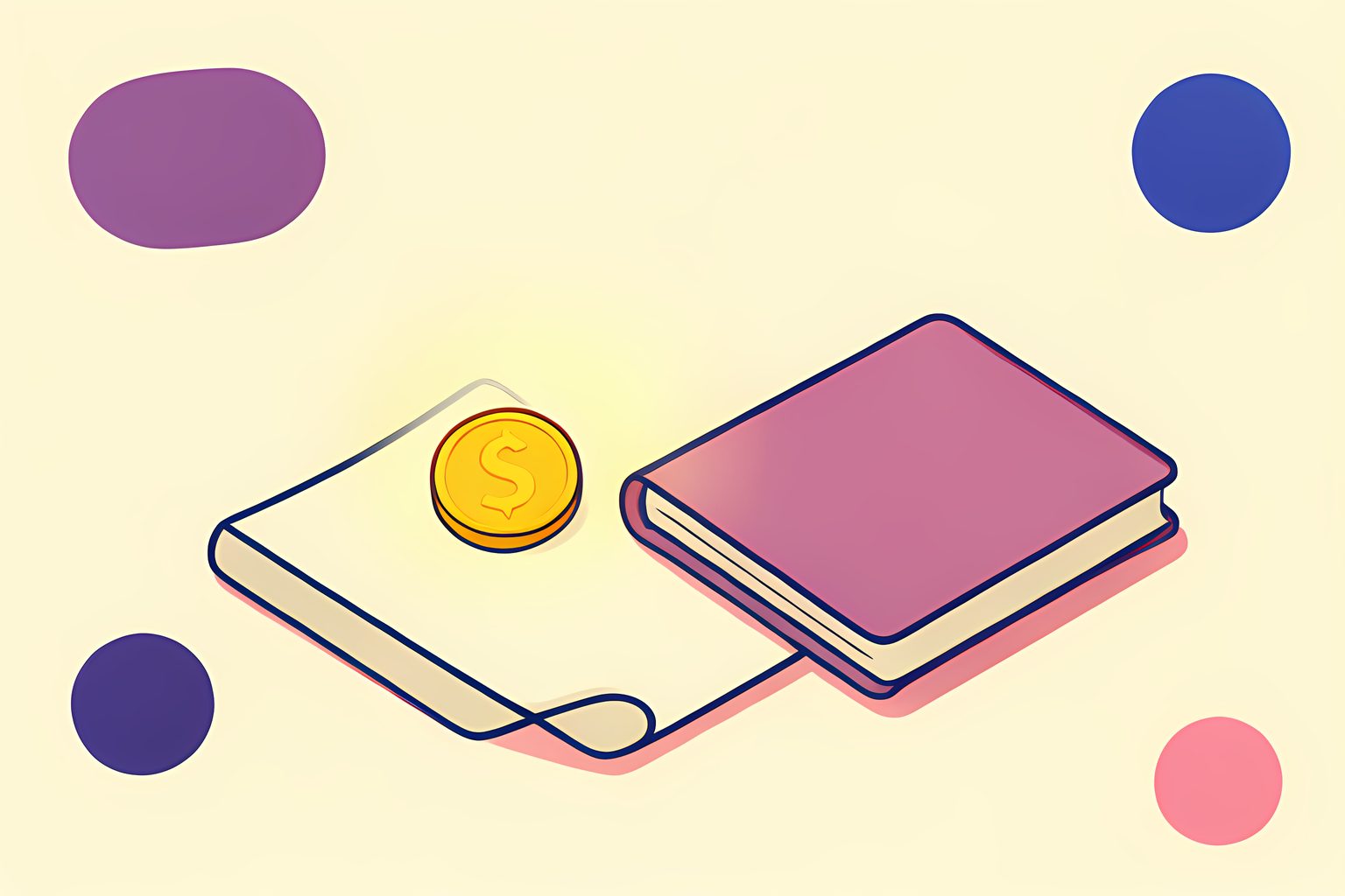 A text-free visual metaphor of a single small golden coin resting on a cream cloth beside a closed blank book, lit by a soft warm glow, with a tiny round blue dot near the corner.